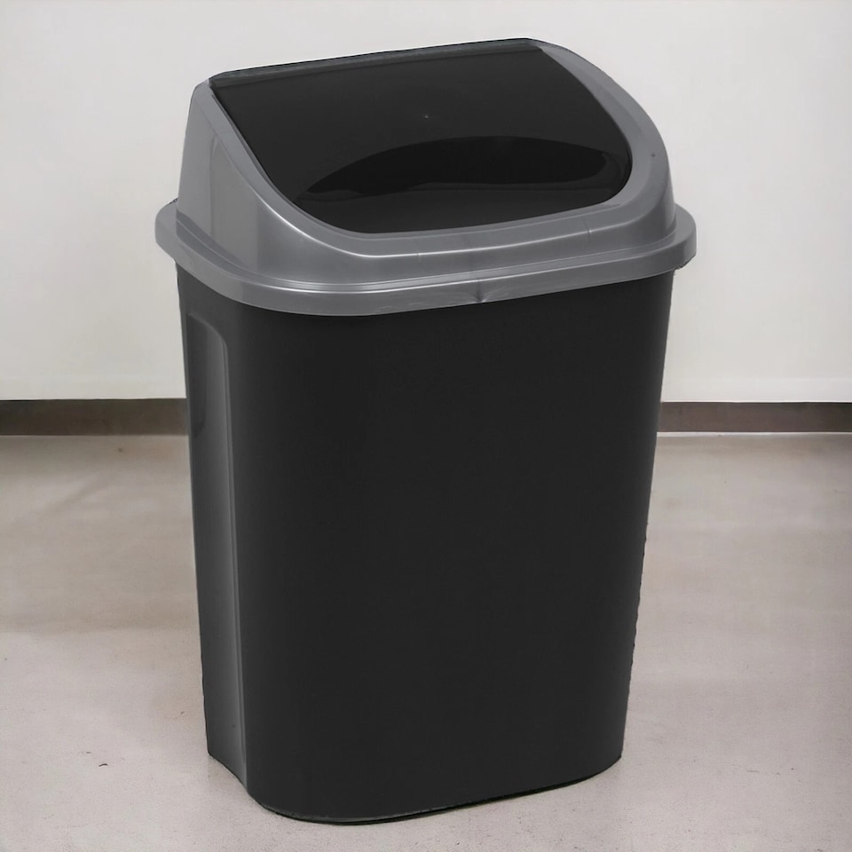 image 1 of Plastic Swing Top Waste Bin Can Dustbin Black & Grey Home Office Kitchen | Black | Black | 25 Litre
