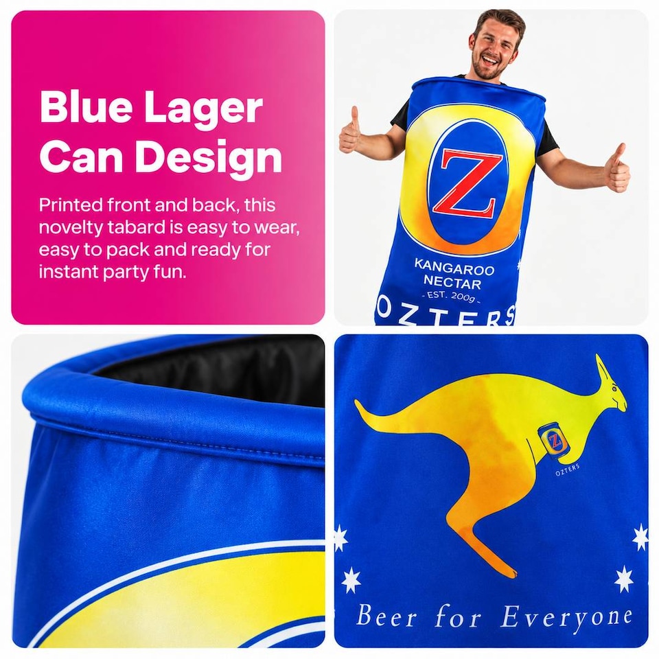image 1 of Adults Beer Can Costume Novelty Lager Tabard Kangaroo Stag and Hen Party Fancy Dress Outfit