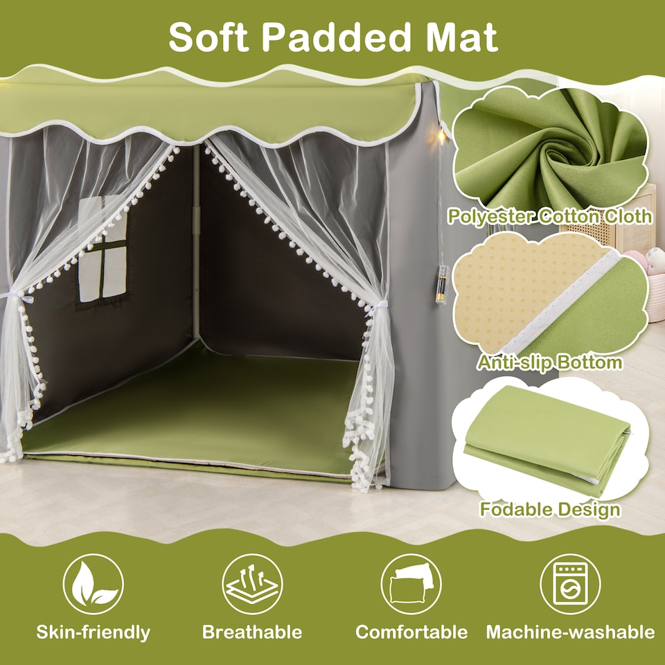 image 1 of COSTWAY Kids Playhouse Tent w/ Washable Mat & Star Lights-Green