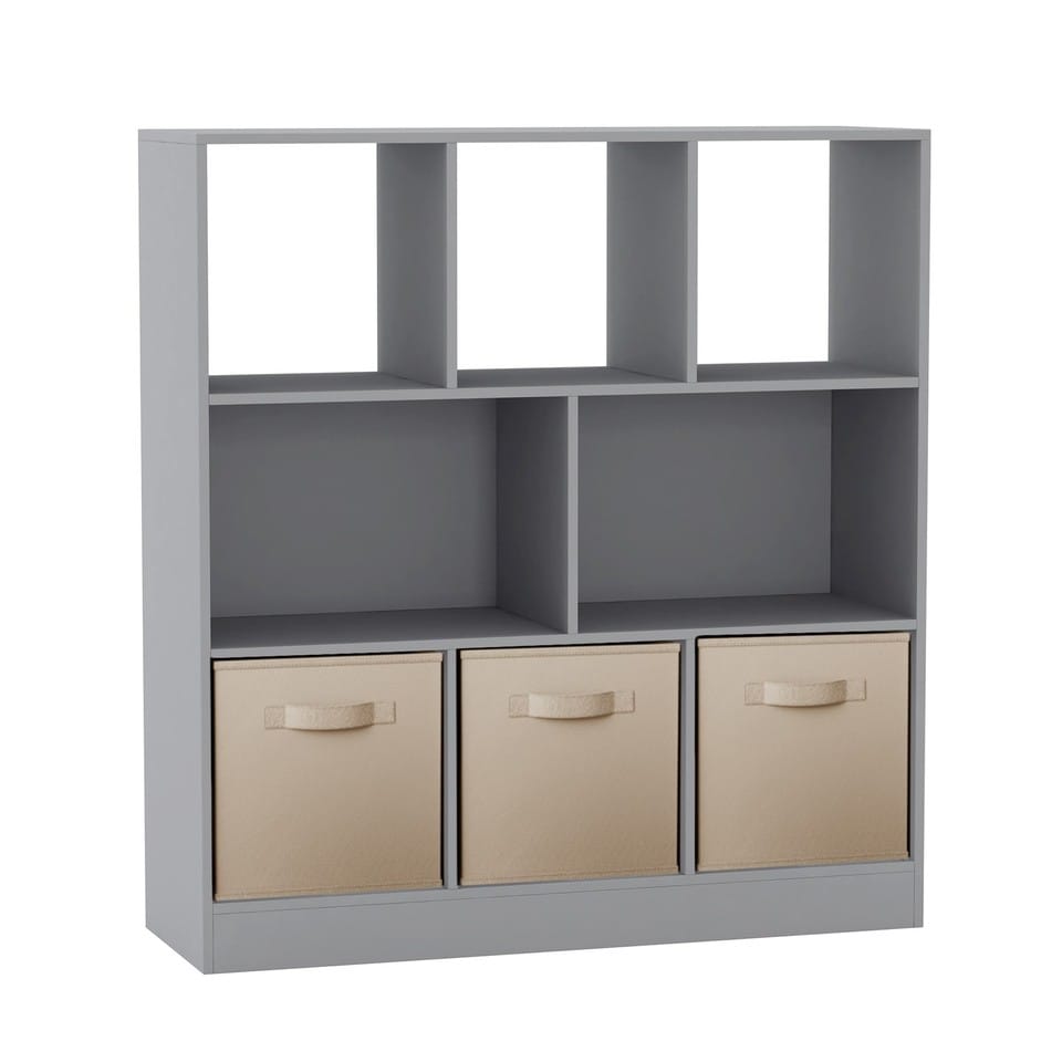 Asymmetrical 8 Grey Cube Bookcase Shelf Storage Unit with 3 Fabric Drawer Inserts Multi Grey & Beige 1