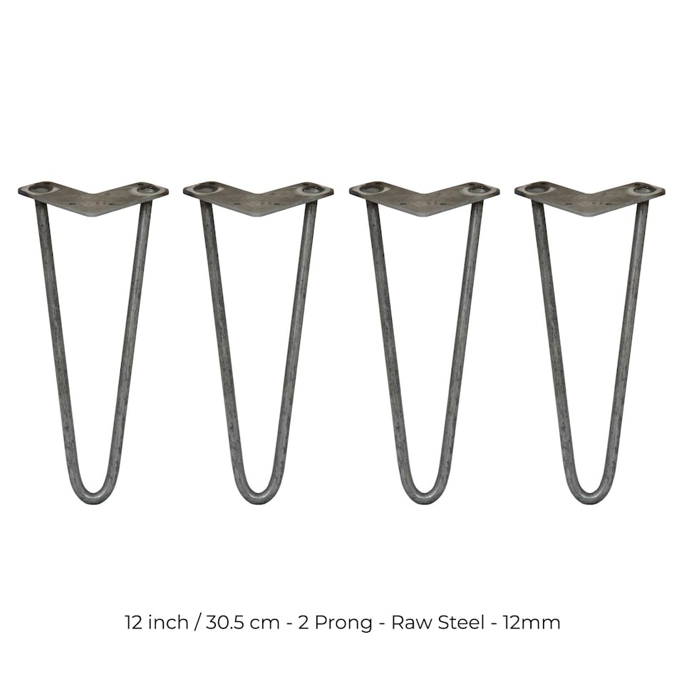 image 1 of 4 x 12" Hairpin Legs - 2 Prong - 12mm - Raw Steel Silver