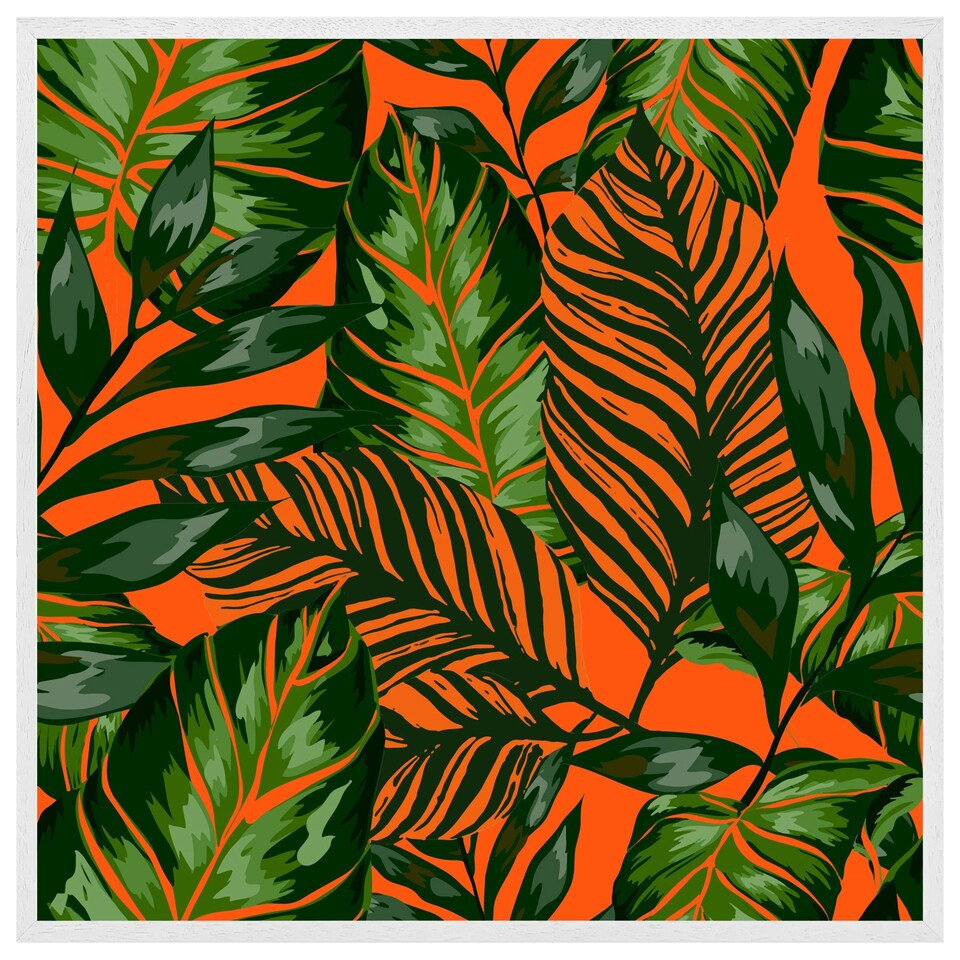 image 1 of Green tropical leaves on orange (Picutre Frame) White | XS