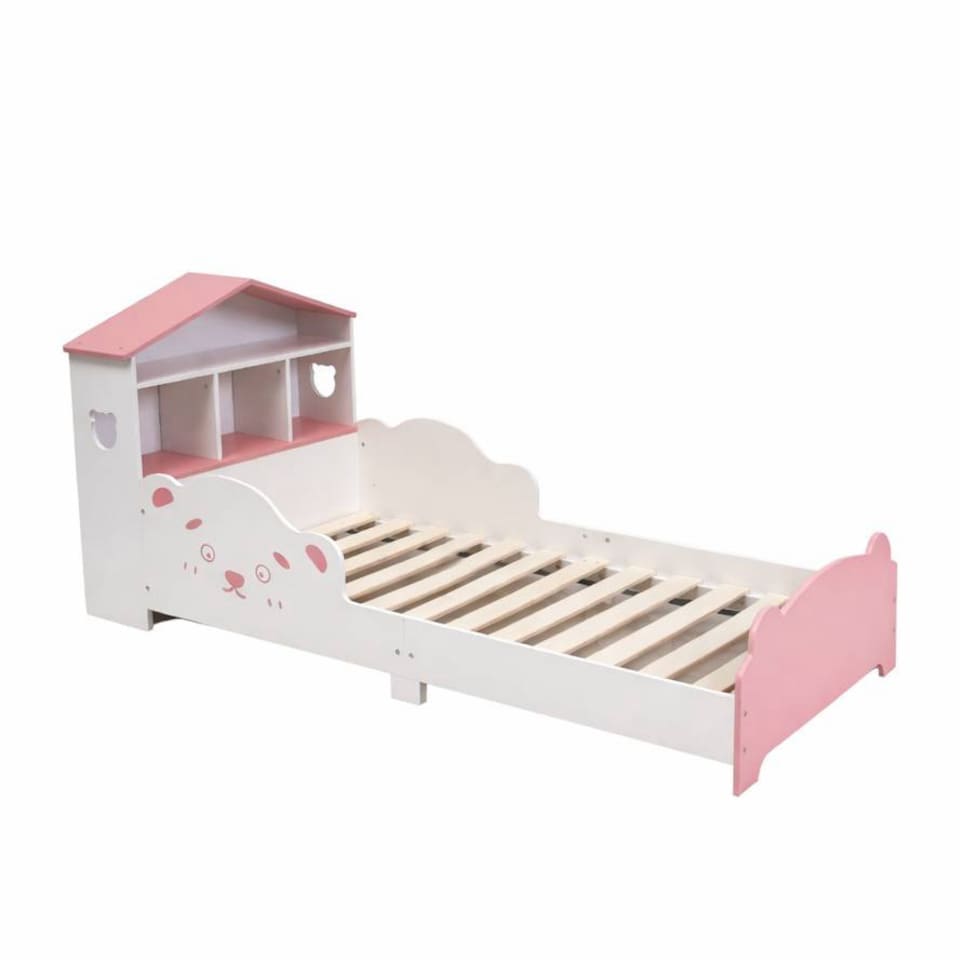 image 1 of TOTO Wooden Toddler Bed w/ Integrated Bookshelf Storage Junior Kids Frame - Pink