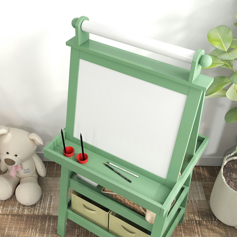 image 1 of AIYAPLAY Art Easel for Kids with Paper Roll, 3 in 1 Kids Easel Double-Sided Magnetic Whiteboard and Chalkboard with Storage Baskets, for Children 3-6 Years Green