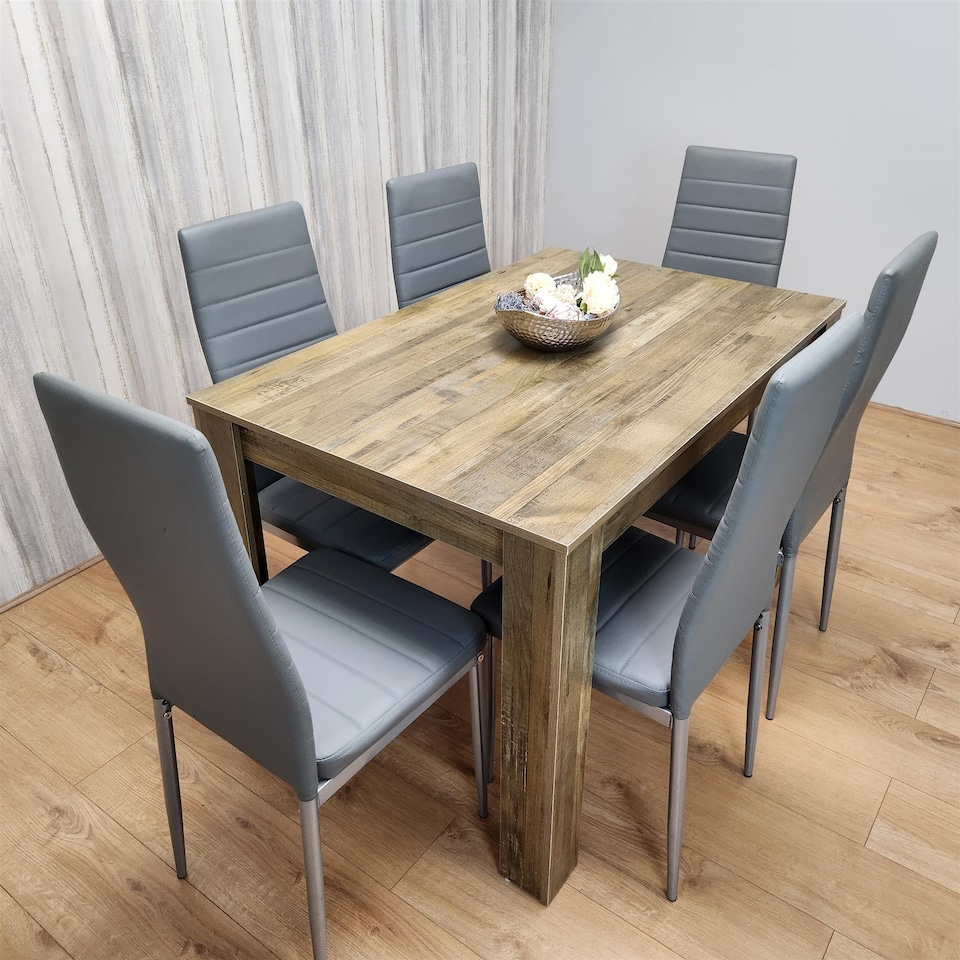 image 1 of Dining Table and 6 Chairs - Rustic Effect Wood Table With 6 Grey Chairs Dining Room Furniture | Grey | One Size | 7