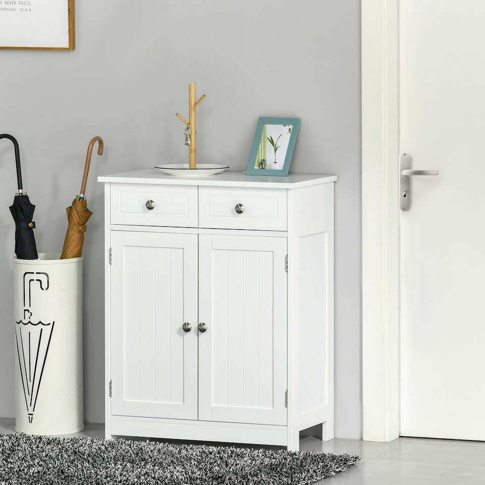 image 1 of kleankin Bathroom Floor Storage Cabinet w/ 2 Drawers Door Cupboard White
