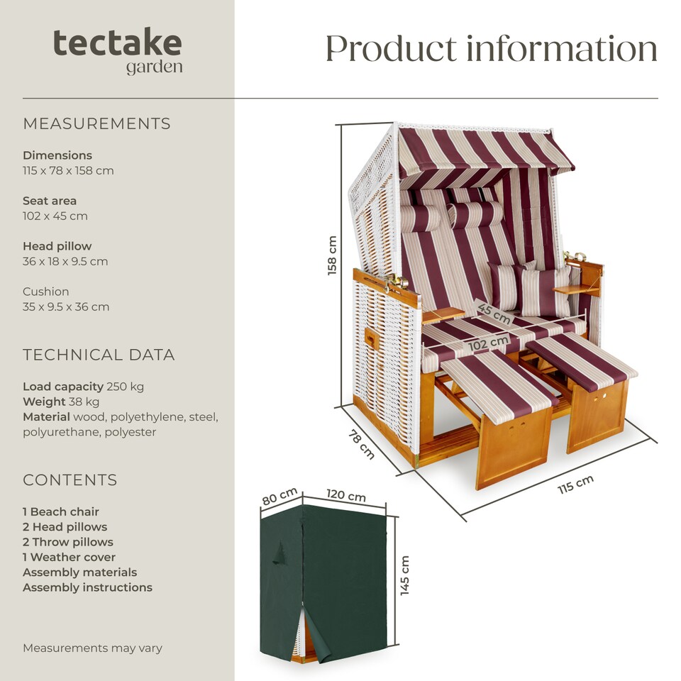 image 1 of Beach Chair Sylt with cushions, footrest and rain cover | Red | red/white | 1