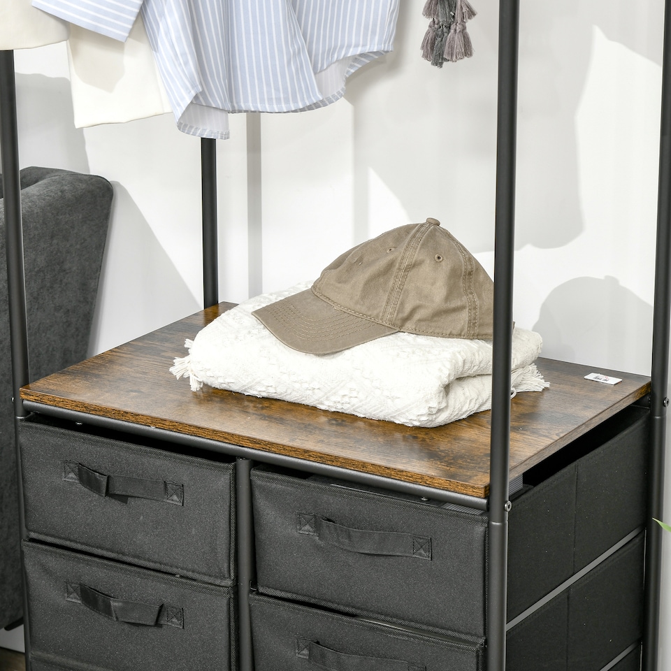 image 1 of HOMCOM Industrial Hanging Clothes Rail, Clothes Rack with 6 Fabric Drawers, Open Wardrobe Organiser for Hallway, Bedroom and Closet, Rustic Brown