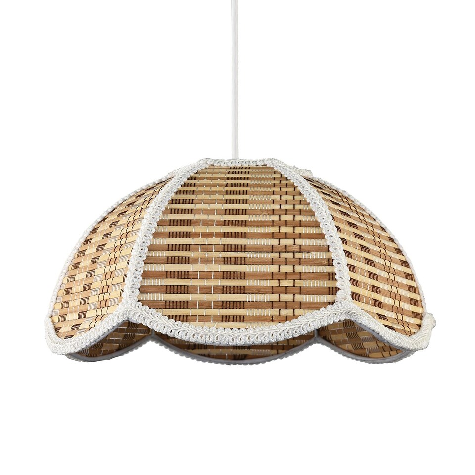 image 1 of Vintage Victorian Rattan Pendant Shade with White Embroidered Trim | Brown | Brown | 1