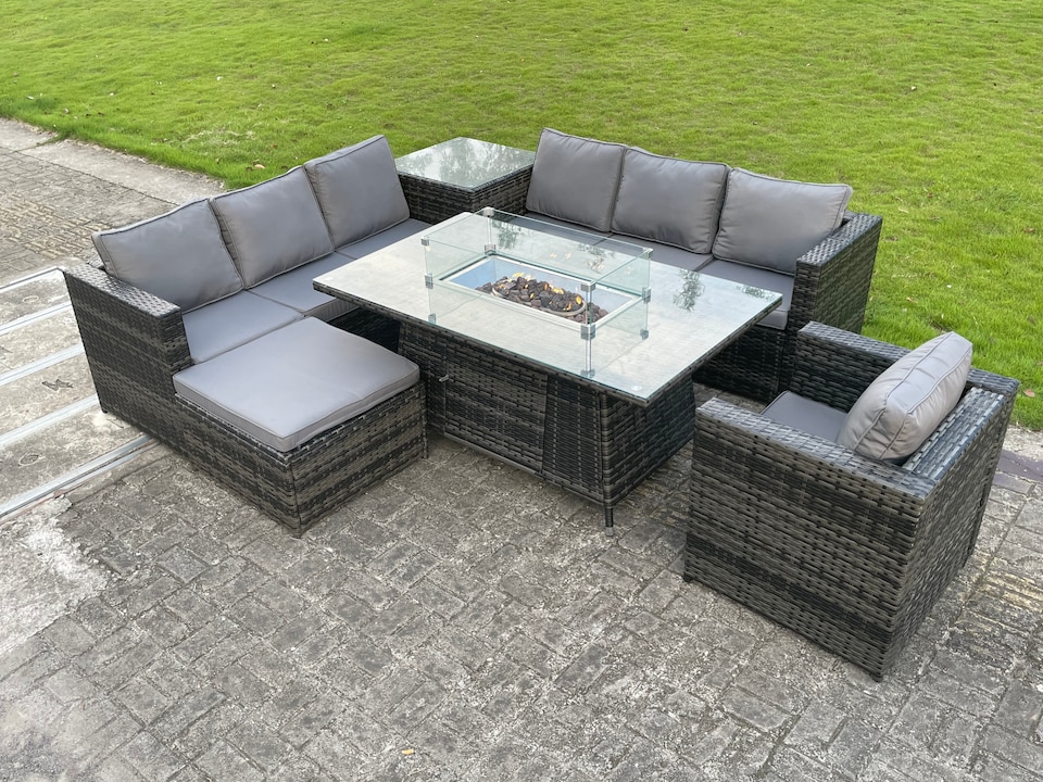 image 1 of Fimous Rattan Garden Corner Furniture Gas Fire Pit Table Dining Sets Gas Heater Lounge Chair Big Footstool Side Coffee Table