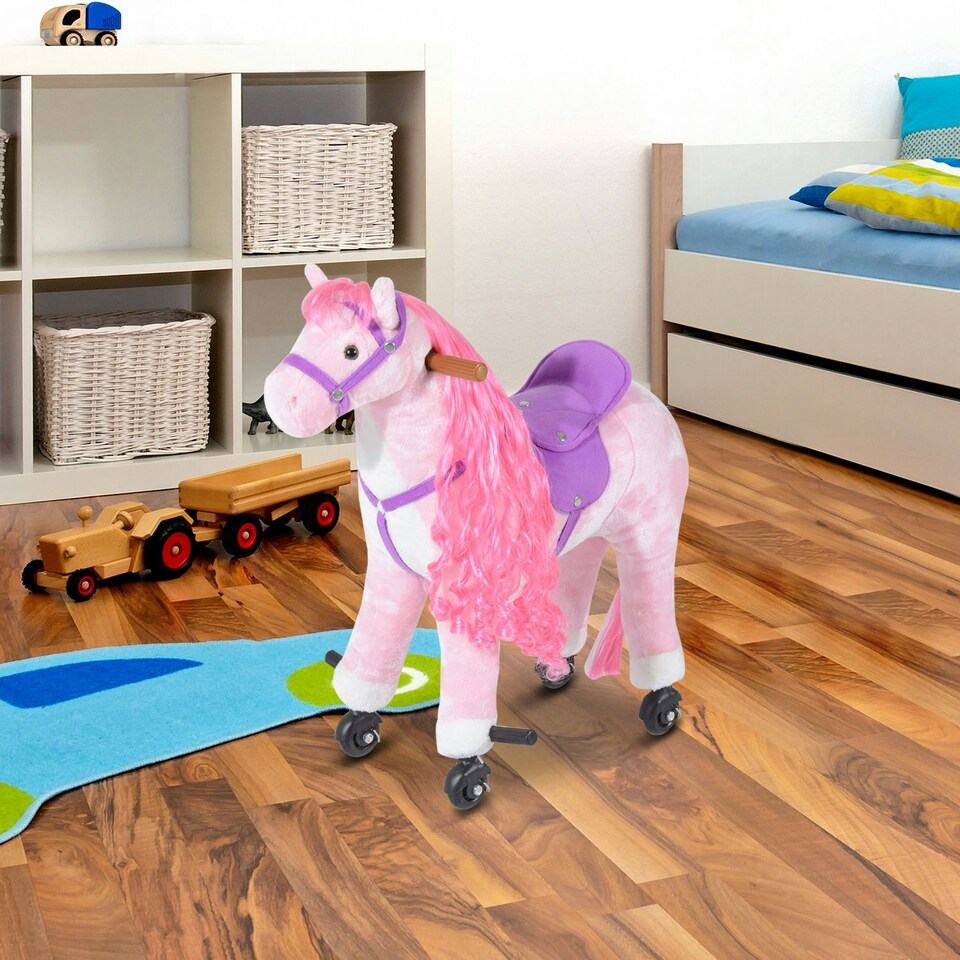 image 1 of HOMCOM Kids Walking Ride on Horse Toy Plush Walk Pony with Wheels Sound