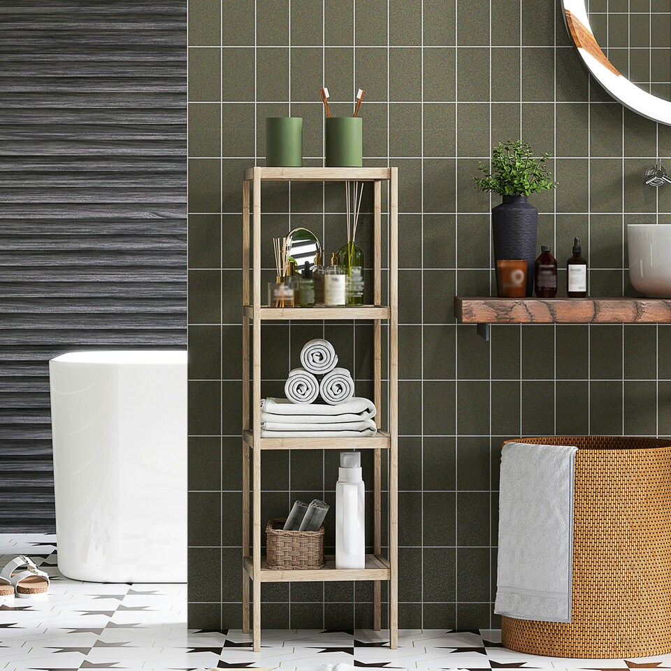 image 1 of 4-Tier Bathroom Storage Shelving Unit, Freestanding Bamboo Shelves, Natural Yellow