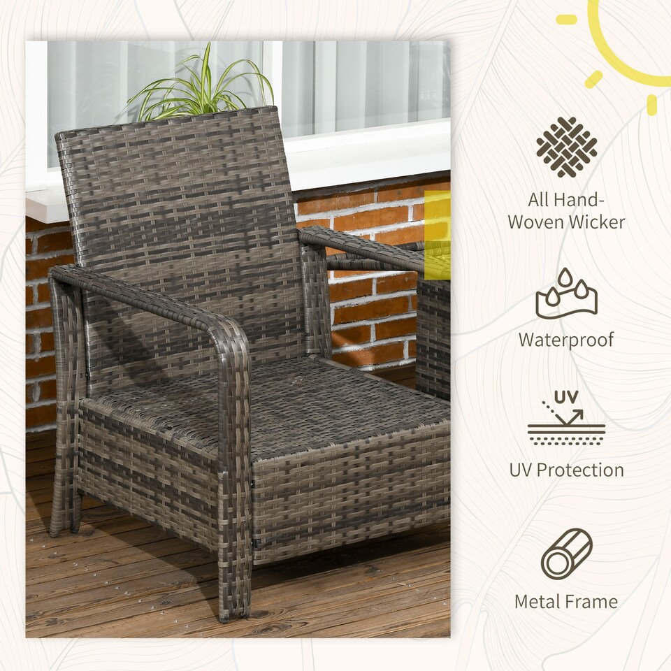 image 1 of Outsunny 3 Pieces Rattan Bistro Set, Wicker Garden Furniture Set with Storage Coffee Table and Chairs, Thickened Cushions for Outdoor, Patio, Balcony, Grey