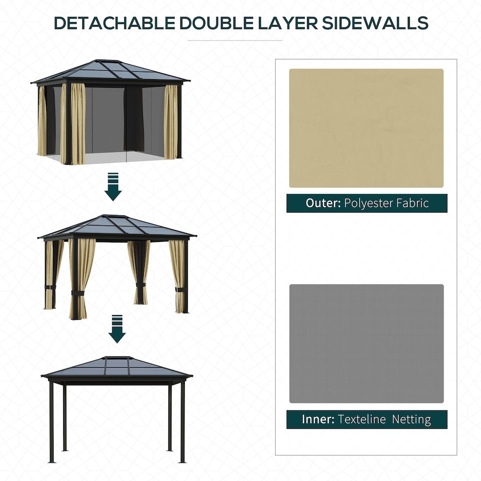 image 1 of Outsunny 3 x 3.6m Hardtop Gazebo Canopy with Polycarbonate Roof and Aluminium Frame, Garden Pavilion with Mosquito Netting and Curtains, Brown