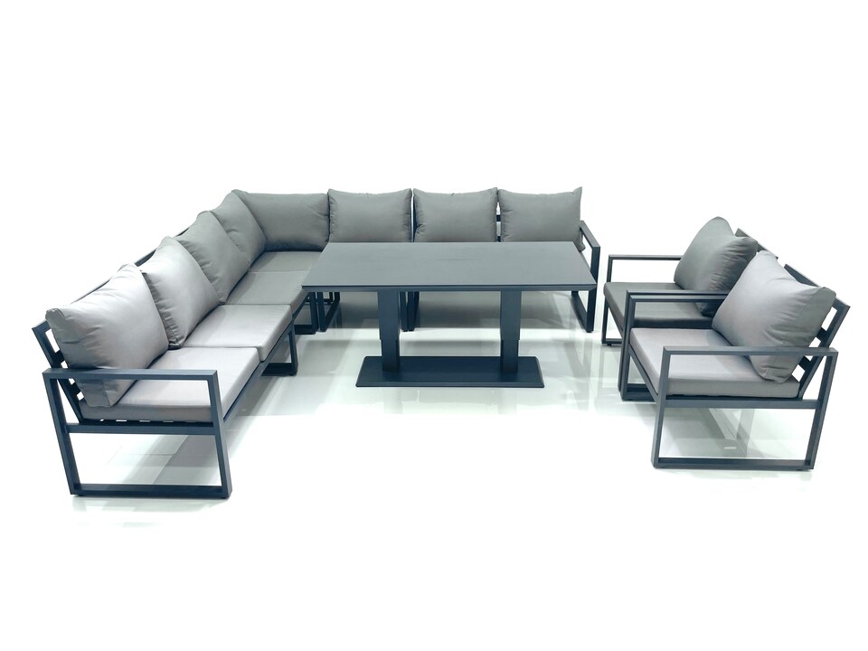 image 1 of Fimous 9 Seater Outdoor Aluminum Garden Furniture Set Corner Sofa 2 Chairs Adjustable Rising Lifting Dining Table Sets Dark Grey
