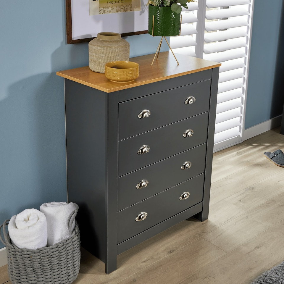 image 1 of Chest 4 Drawers Bedroom Furniture Oak Top Metal Handles Grey