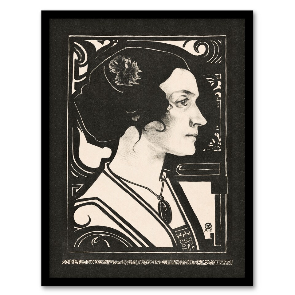 image 1 of Richard Roland Holst Framed Wall Art Woman Stained Glass Sketch Portrait