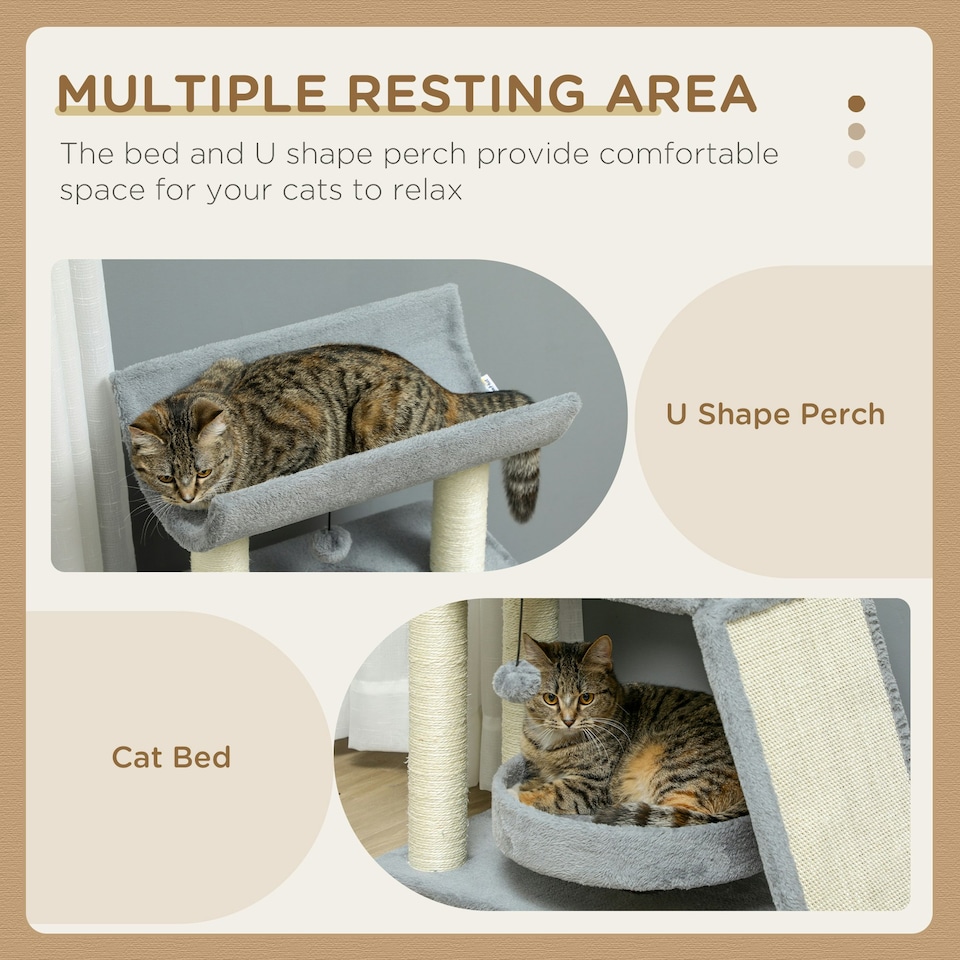 image 1 of PawHut Cat Tree Kitten Tower with Scratching Post Bed Perch Toy, Light Grey