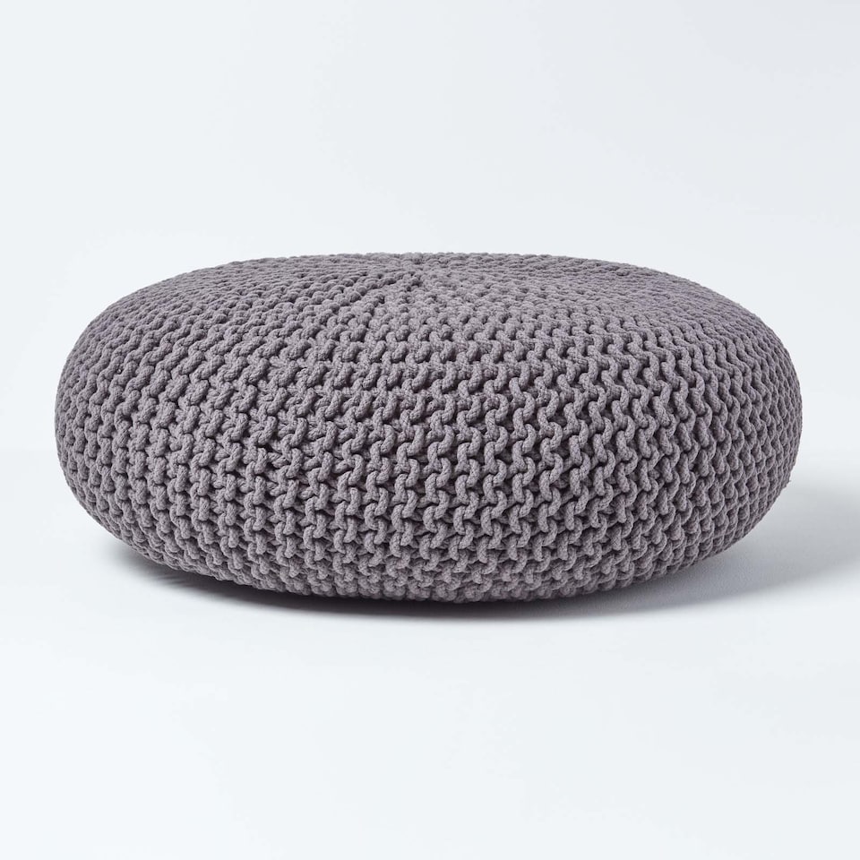 image 1 of Homescapes Dark Grey Large Round Cotton Knitted Pouffe Footstool | Grey | 70 x 23 cm