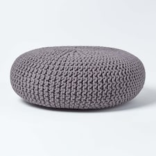 Homescapes Dark Grey Large Round Cotton Knitted Pouffe Footstool | Grey | 70 x 23 cm