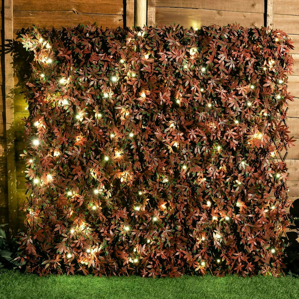 image 1 of Primrose Extendable Artificial Red Acer Screening Trellis with LEDs W2m x H1m