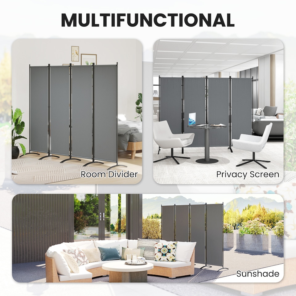 image 1 of Outsunny 4 Panel Folding Room Divider,Portable Privacy Panel for Garden | Grey | Dark Grey | 221L x 50W x 172Hcm | 1
