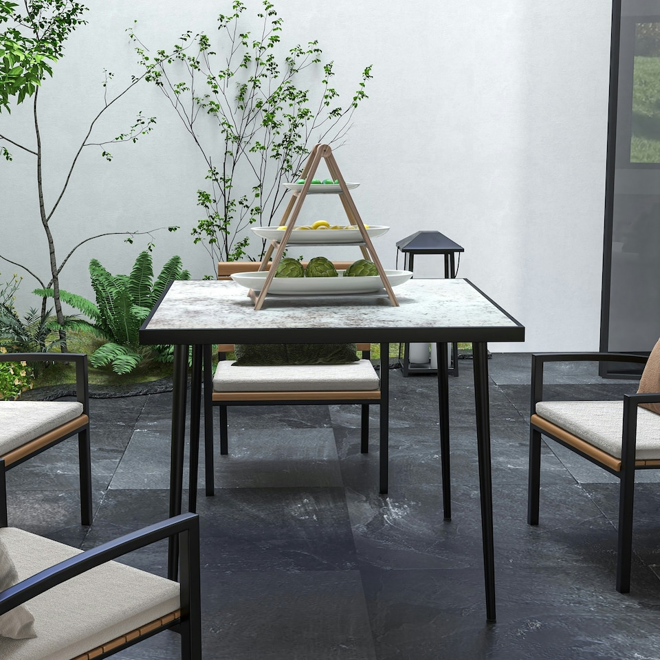 image 1 of Outsunny Outdoor Dining Table for 4 with Marble Effect Tempered Glass Top White