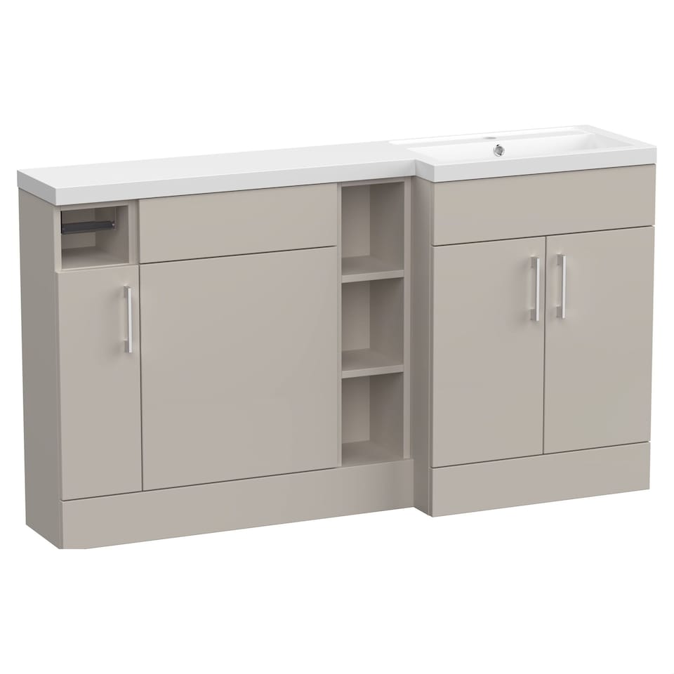 image 1 of Balterley Wichnor Floor Standing 3 Door, Open Shelf Vanity Basin WC Unit with Toilet Roll Holder and Polymarble Basin, 1500mm, Right Hand, Pebble Grey