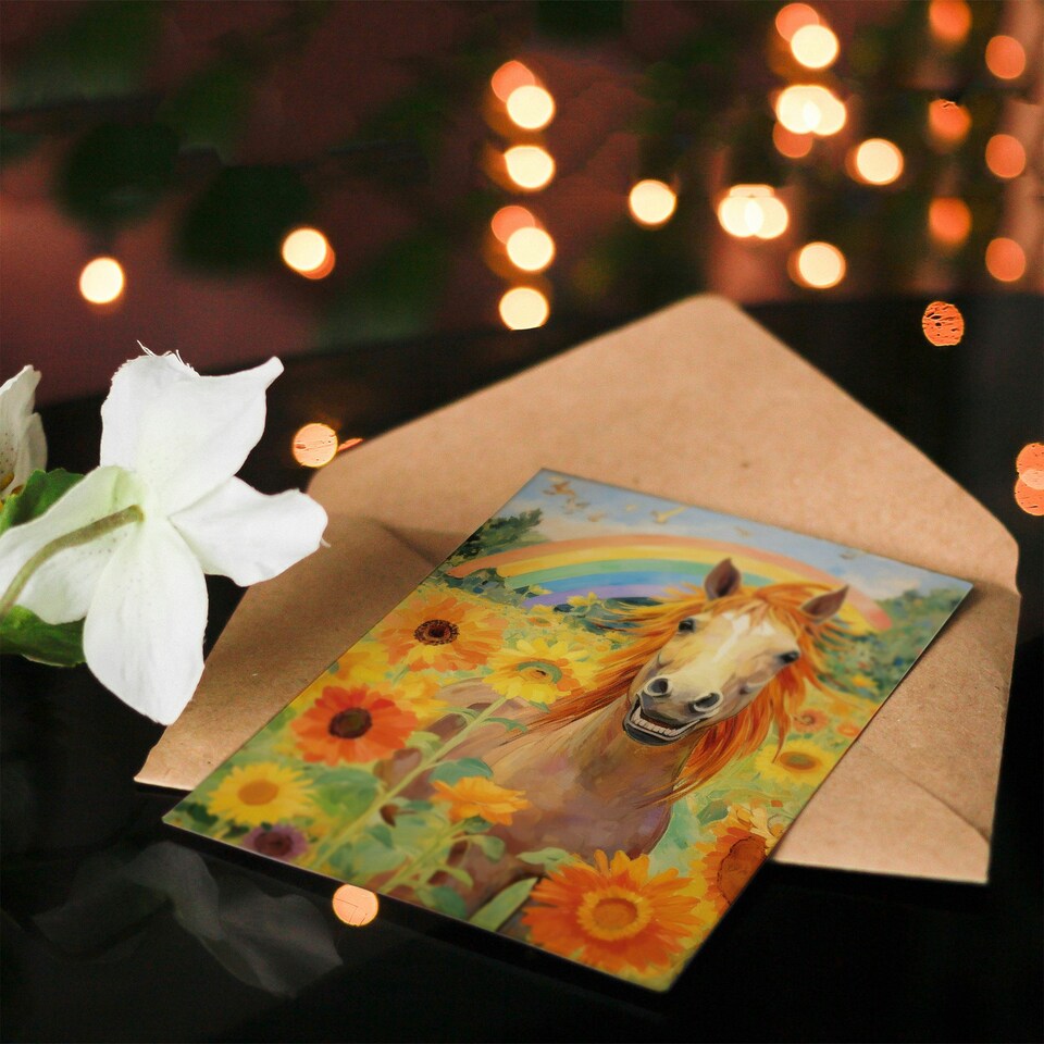 image 1 of Rainbow Boho Hippie Horse in Sunflower Field Birthday Card