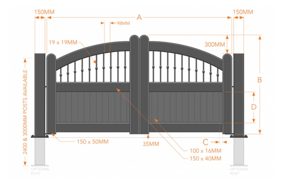 image 1 of Double Swing Gate 4500x1800mm Wood - Vertical Solid Infill, Bell-Curved Top | Brown | 1