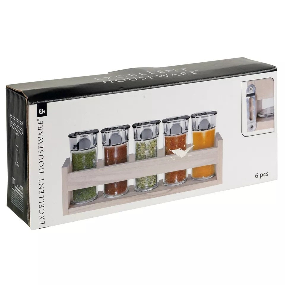 image 1 of 6-Pc Spice Herb Glass Jars with Wooden Wall Rack