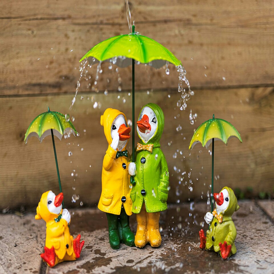 image 1 of Marco Paul 3pc Resin Ducks Family With Umbrellas Garden Ornaments