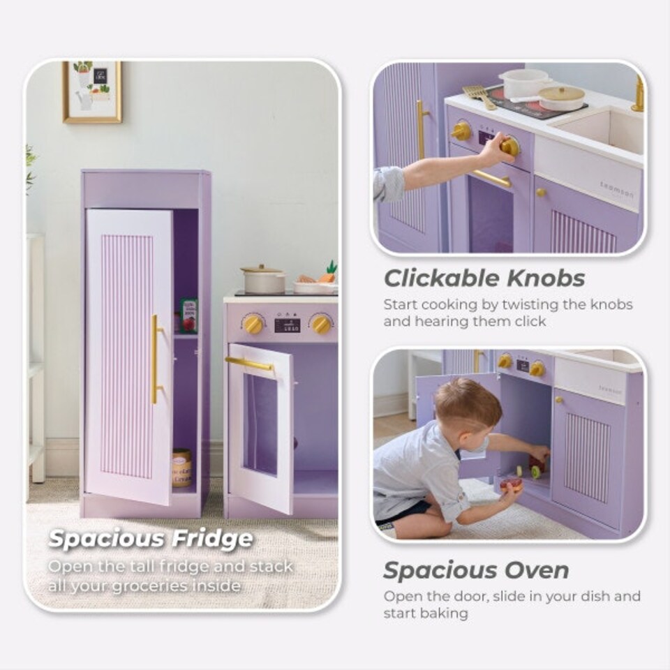 image 1 of Teamson Kids Little Chef Chester Play Kitchen in Purple with Fridge, Stove, 12 Accessories, Shelves & Hooks
