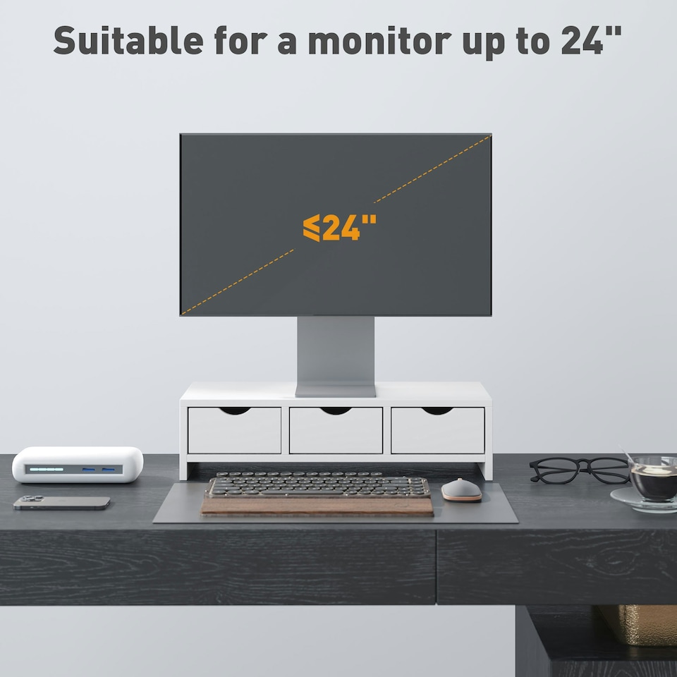 image 1 of HOMCOM Monitor Stand Riser with 3 Drawers for Laptop, Computer, PC, White