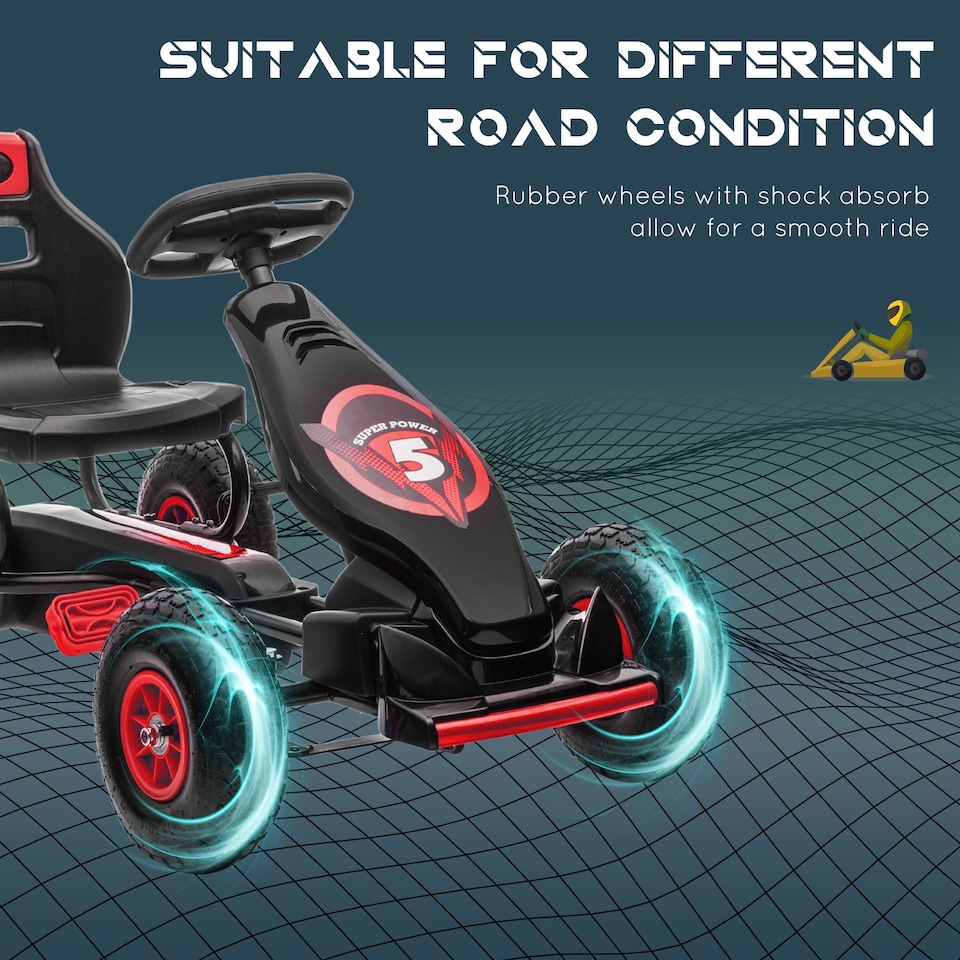 image 1 of HOMCOM Children Pedal Go Kart, Raving Go Kart with Adjustable Seat, Inflatable Tyres, Shock Aborb, Handbrake, for Ages 5-12 Years - Red