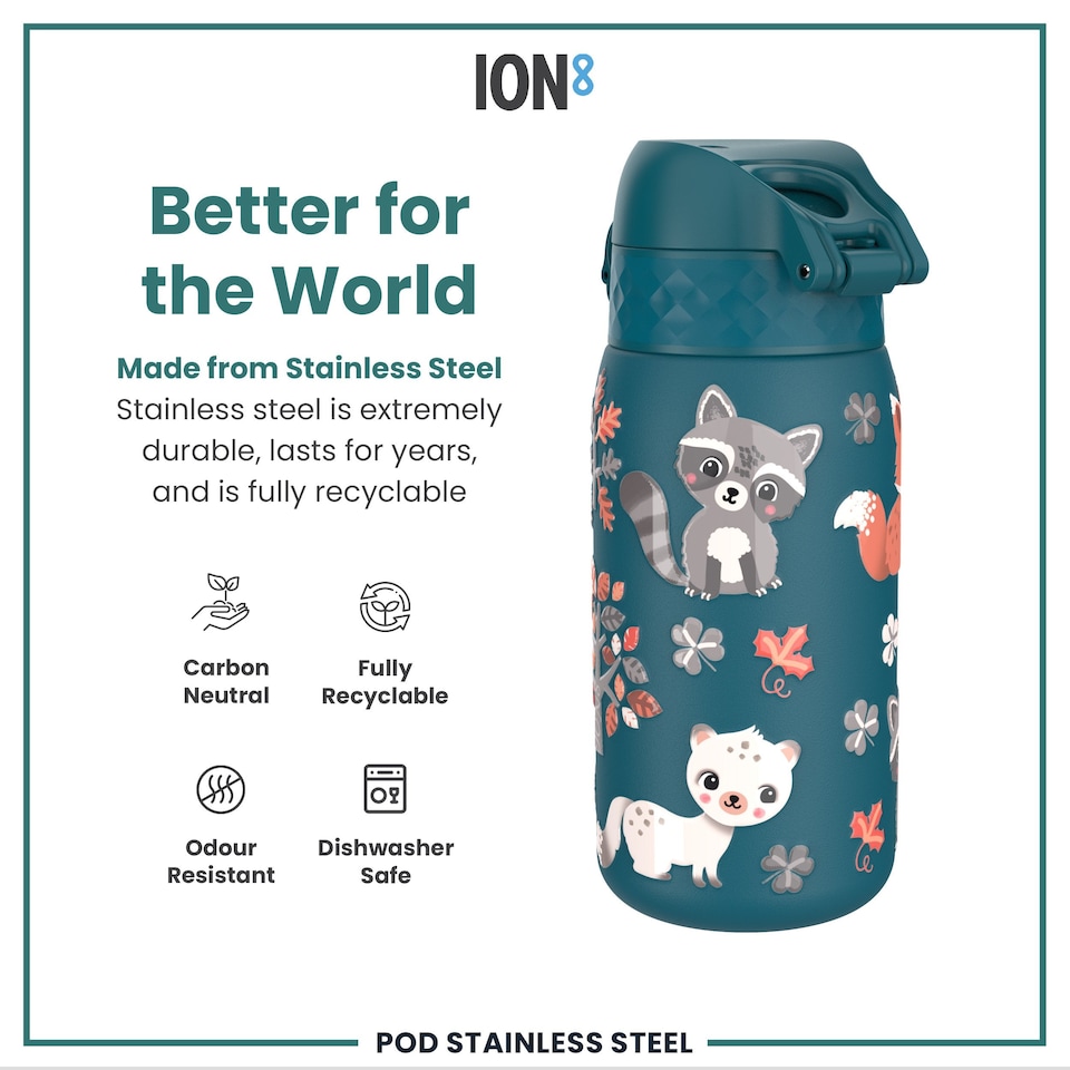 image 1 of Leak Proof Kids Water Bottle, Stainless Steel, 400ml (13oz) | Blue | Forest Animals | One Size
