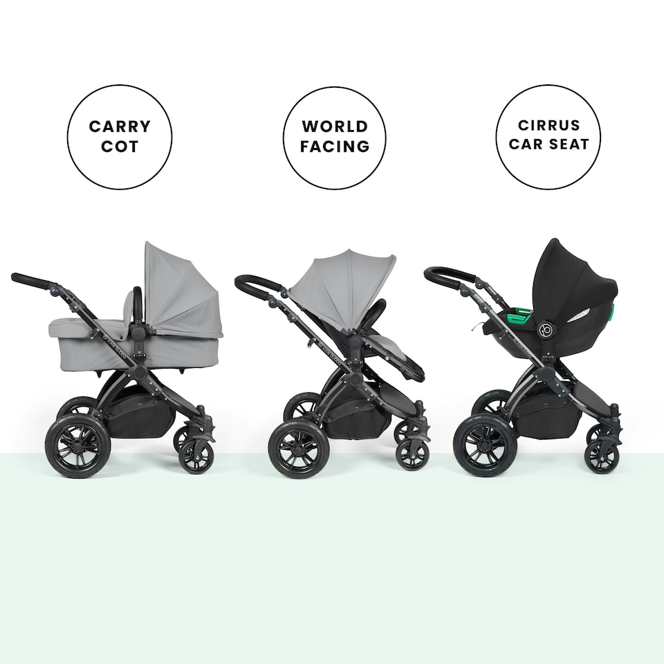 image 1 of Stomp Luxe 12pc Travel System with Cirrus i-Size Car Seat & ISOFIX Base, Carrycot, Reversible Seat, Rain Cover & More (Black/Pearl Grey/Black)