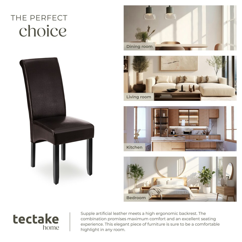 image 1 of Dining Chair - ergonomic seat shape, high backrest, padded, faux leather - Set of 4 Brown