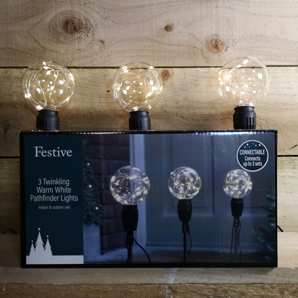 image 1 of Set of 3 Christmas Connectable Outdoor Twinkling Pathfinder Lights in Warm White