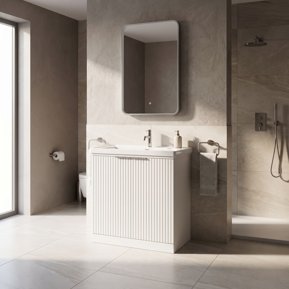 image 1 of Balterley Callingwood Contemporary Floor Standing 2 Door Vanity Unit with Traditional 1 Tap Hole Fireclay Basin , 800mm, Matt White