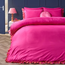 OHS Print Frill Edge Duvet Cover Set with Pillowcase Microfibre Bedding | Pink | Hot Pink/Orange/Pink | King