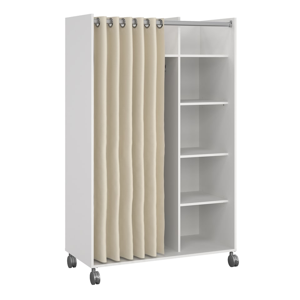 image 1 of Uppsala Open Mobile Wardrobe Unit in White with a Beige Textile Curtain on Wheels