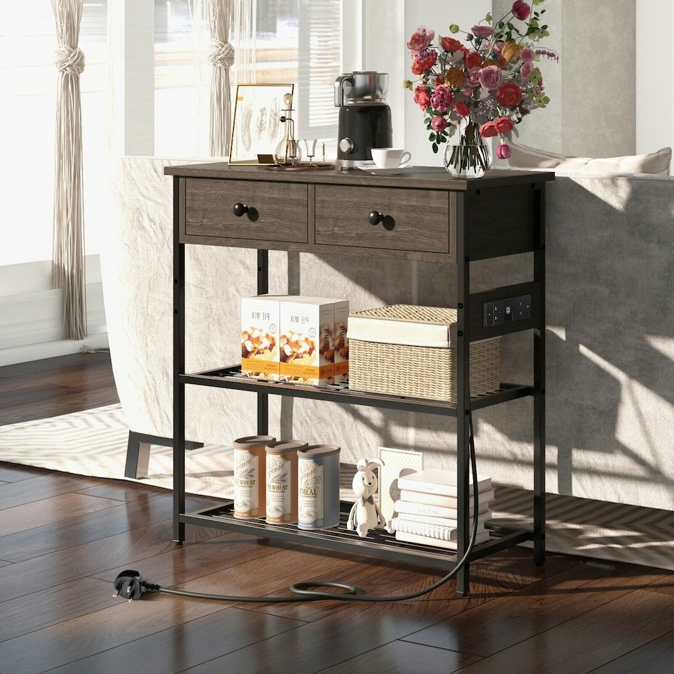 image 1 of COSTWAY Entryway Narrow Console Table w/Charging Station Brown