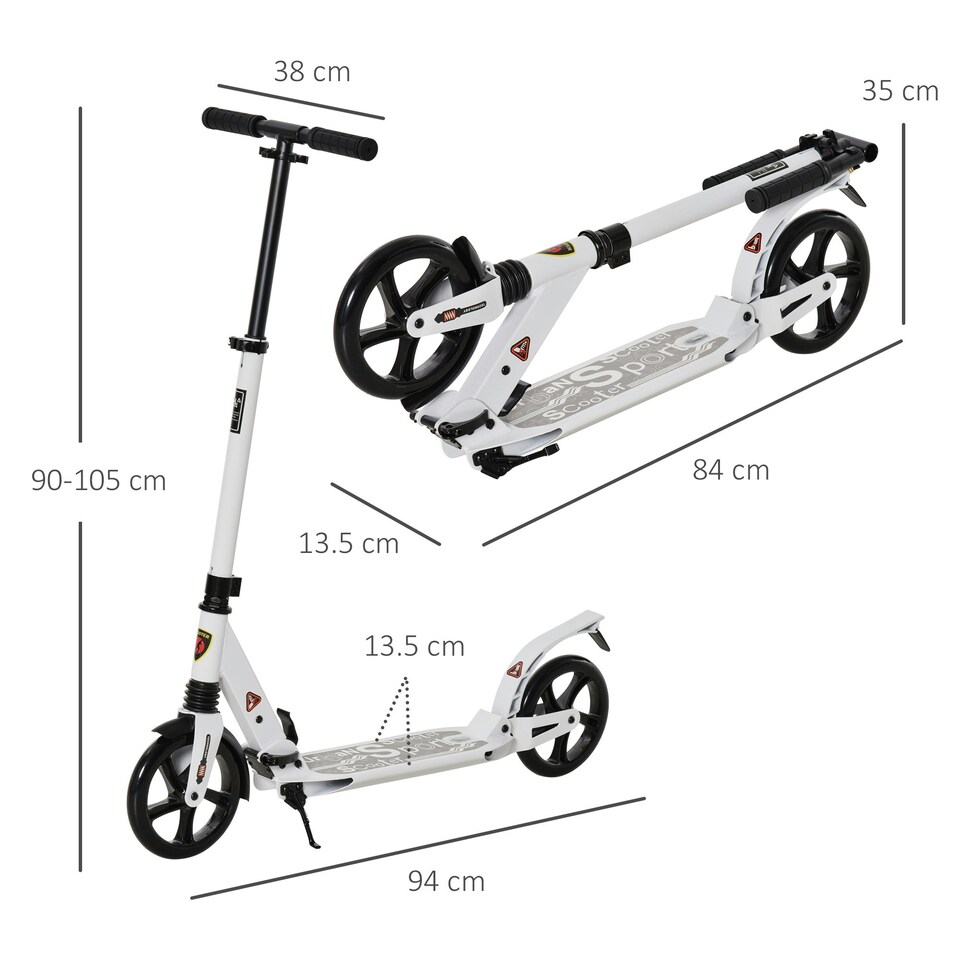 image 1 of HOMCOM Folding Kick Scooter with Big Wheels for 14+ Teens Adult, White