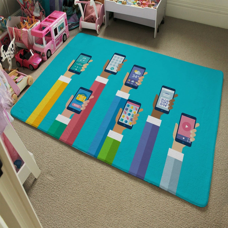 image 1 of Hands holding smart phones (Rug) Blue | Medium: 80x150cm