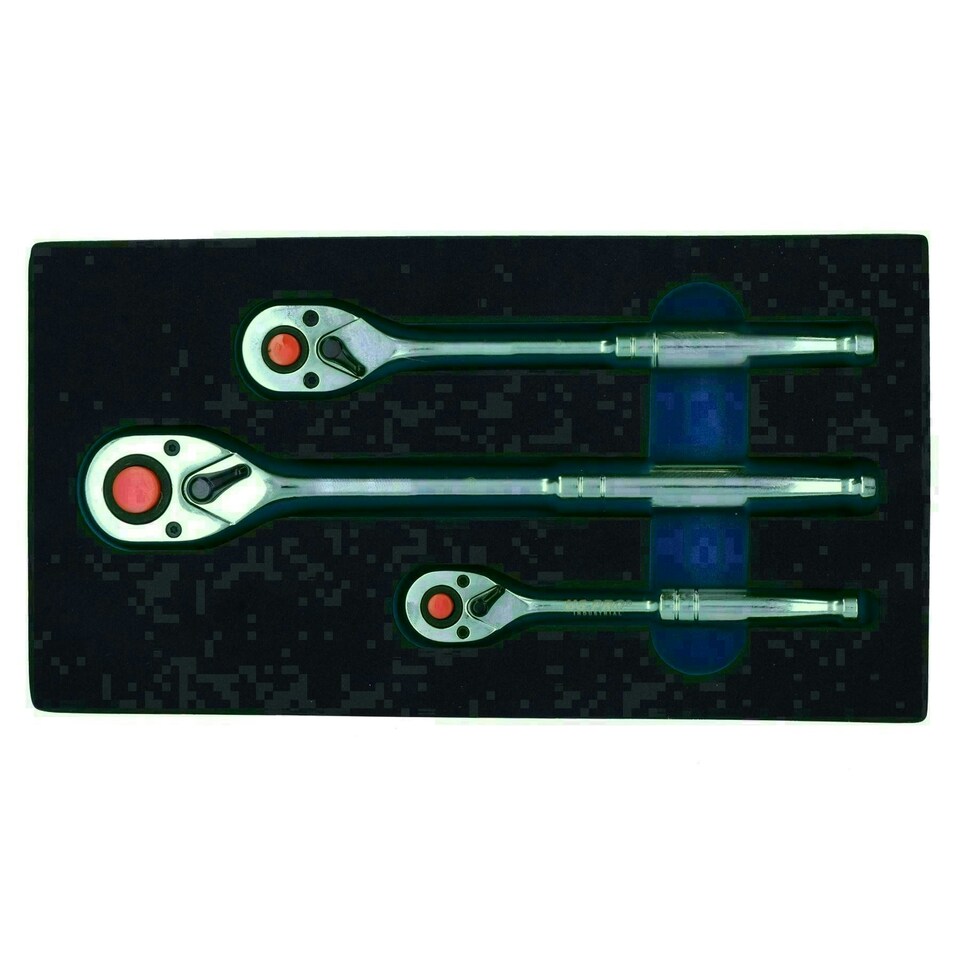 image 1 of 1/4in 3/8in 1/2in Drive Ratchets with Straight Handle 90 Teeth Quick Release 3pc