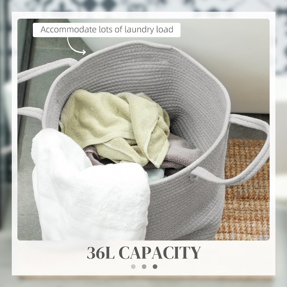 image 1 of HOMCOM 36L Laundry Hamper, Cotton Rope Laundry Basket with Handles, Collapsible Washing Bin, 38 x 45cm, Grey