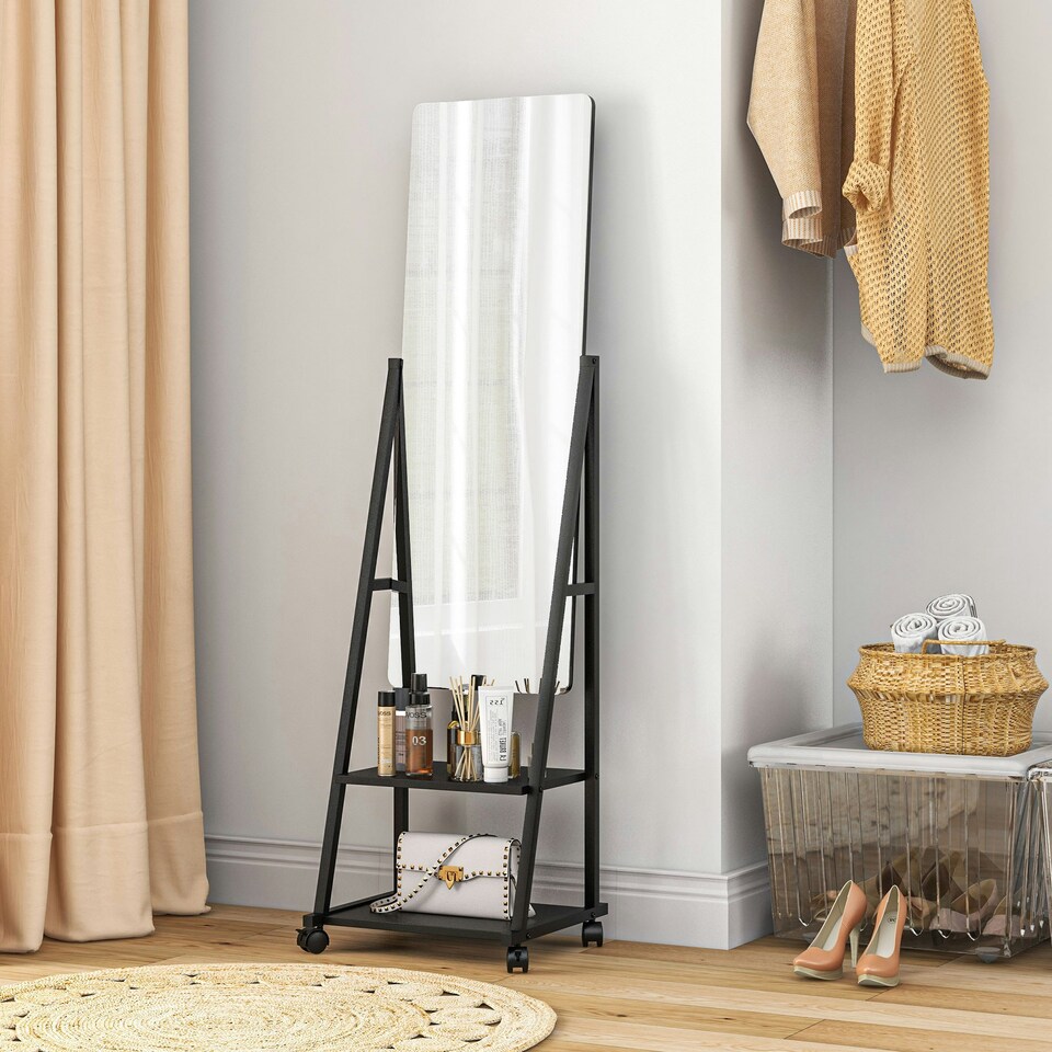 image 1 of HOMCOM Movable Full Length Mirror Adjustable Full Body Mirror with 2 Shelves