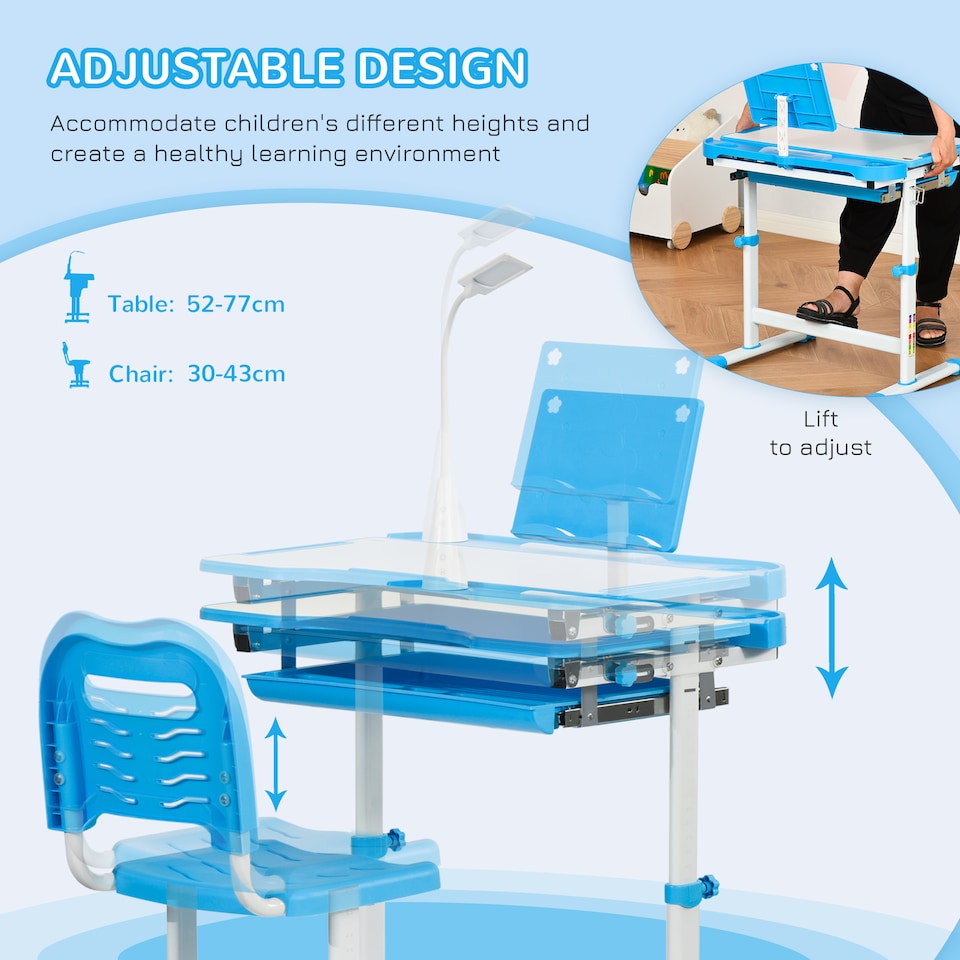 image 1 of HOMCOM Kids Study Desk and Chair Set w/ USB Lamp, Adjustable Height, Blue