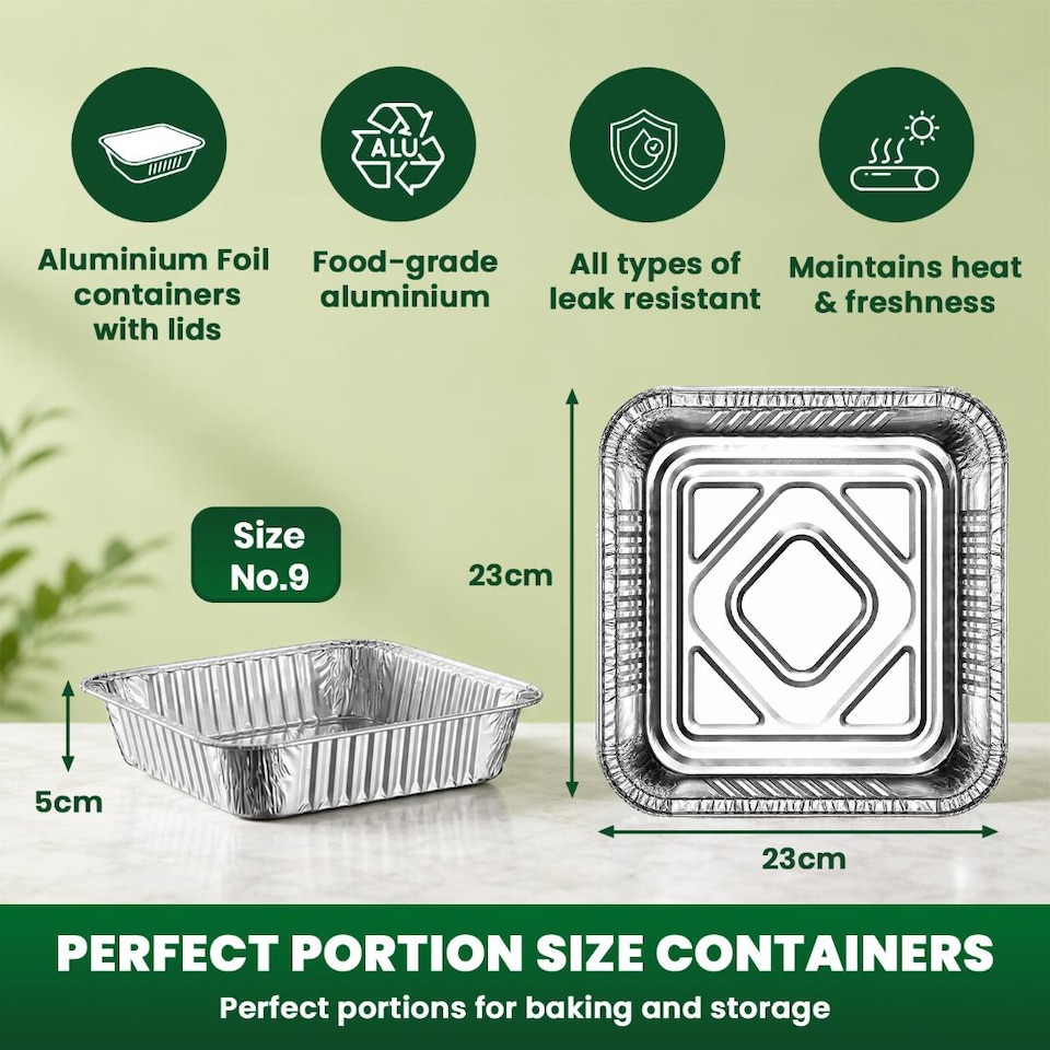 image 1 of ECONX No9 Large Aluminium Foil Containers With Lid 9x9" Takeaway Catering Meal Prep Foil Baking Tray Pack Of 200